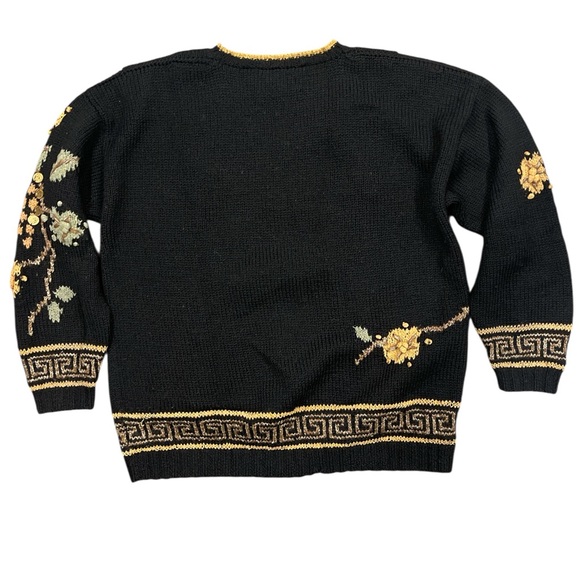 Carole Little M/L Black Wool Hand Knit Sweater Floral Coin Vintage 80s - Picture 3 of 8